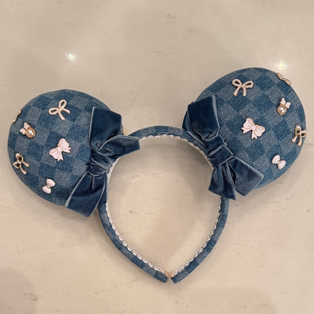 Blue Plaid Mouse Ear Headband with Bows
